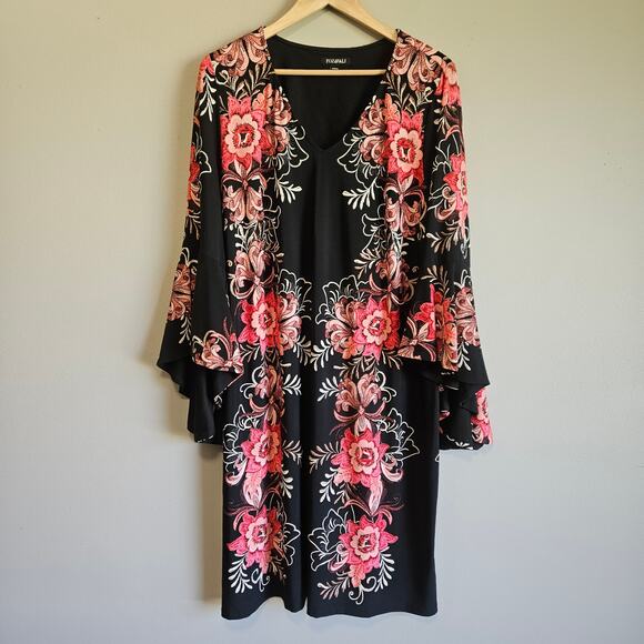 Roz & Ali Black Pink Floral Bell Sleeve Dress Women’s 18 Sheath Fit - Picture 13 of 13